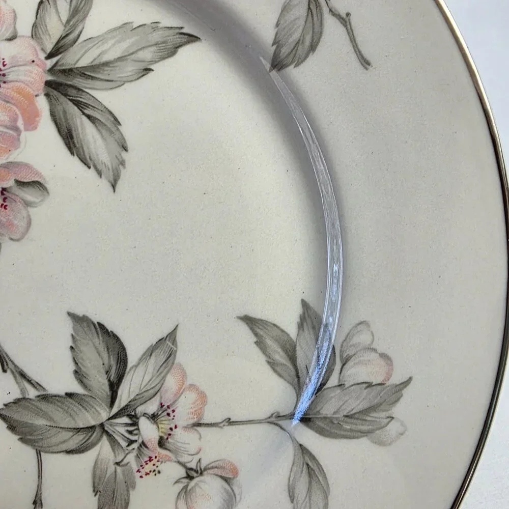 TWO Manor House Spring Glory Salad Plates Pink & White Floral Gray Leaves